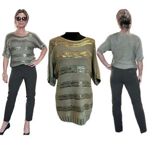 Chico’s olive green gold metallic sequin striped short sleeve knit sweater L